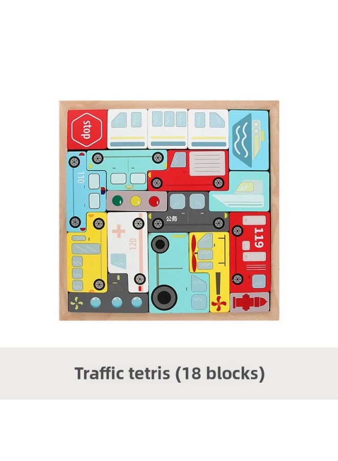 Children's Early Education Educational Animal Cartoon Creative Wooden Box Tetris Puzzle Boys And Girls Traffic Building Blocks Toys-Color:MS-traffic Tetris (18 Pieces) - Image 1